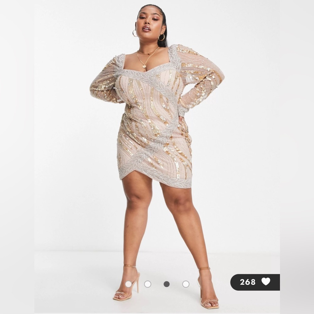 NWT ASOS LUXE Curve embellished wrap mini dress in gold Size US24